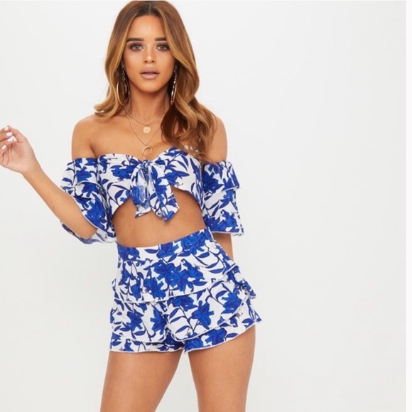 NWT PLT Blue & White Porcelain Floral Print Bardot Crop Top & Layered Shorts Set - Picture 7 of 9